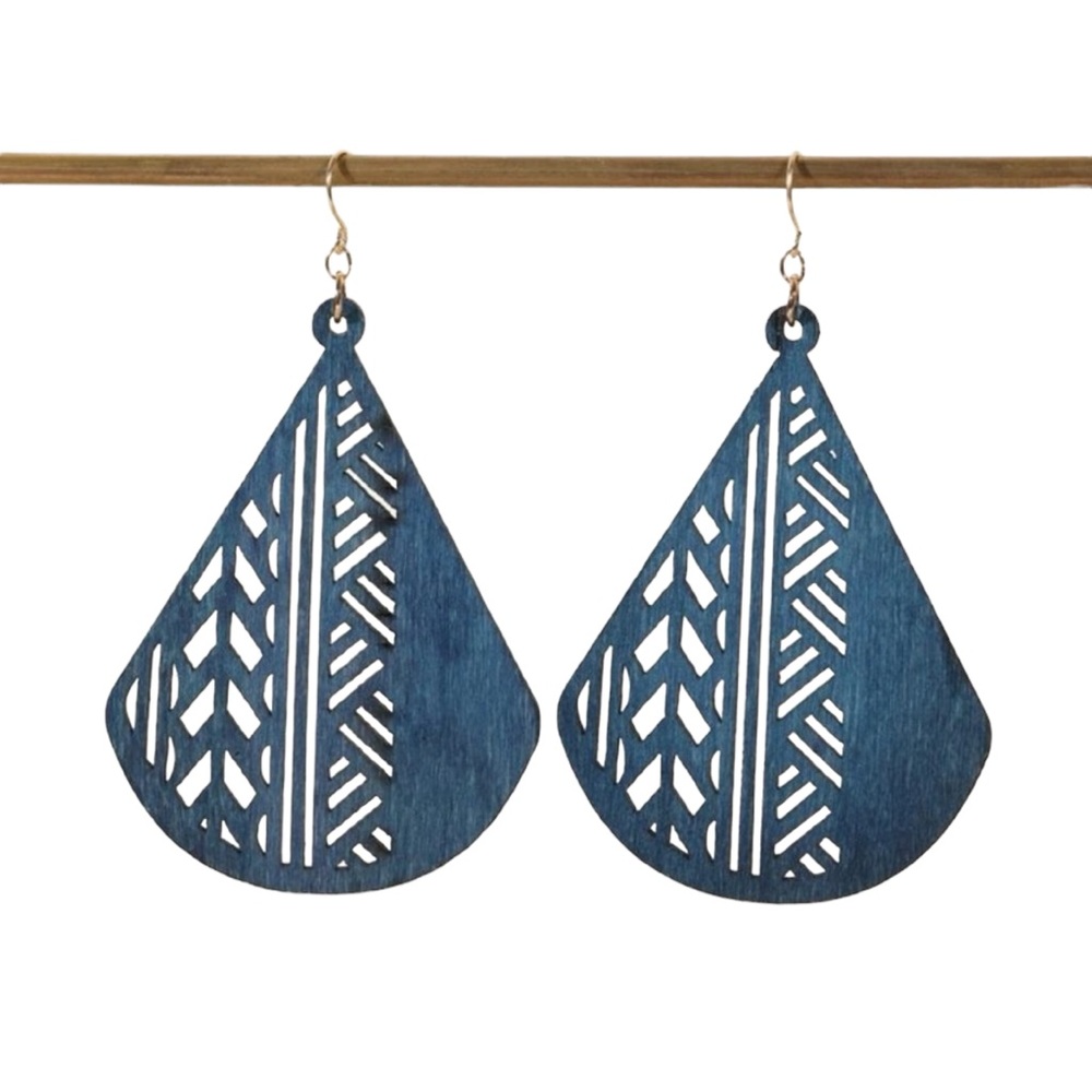 Blue Bohemian Cutout Wood Drop Earrings